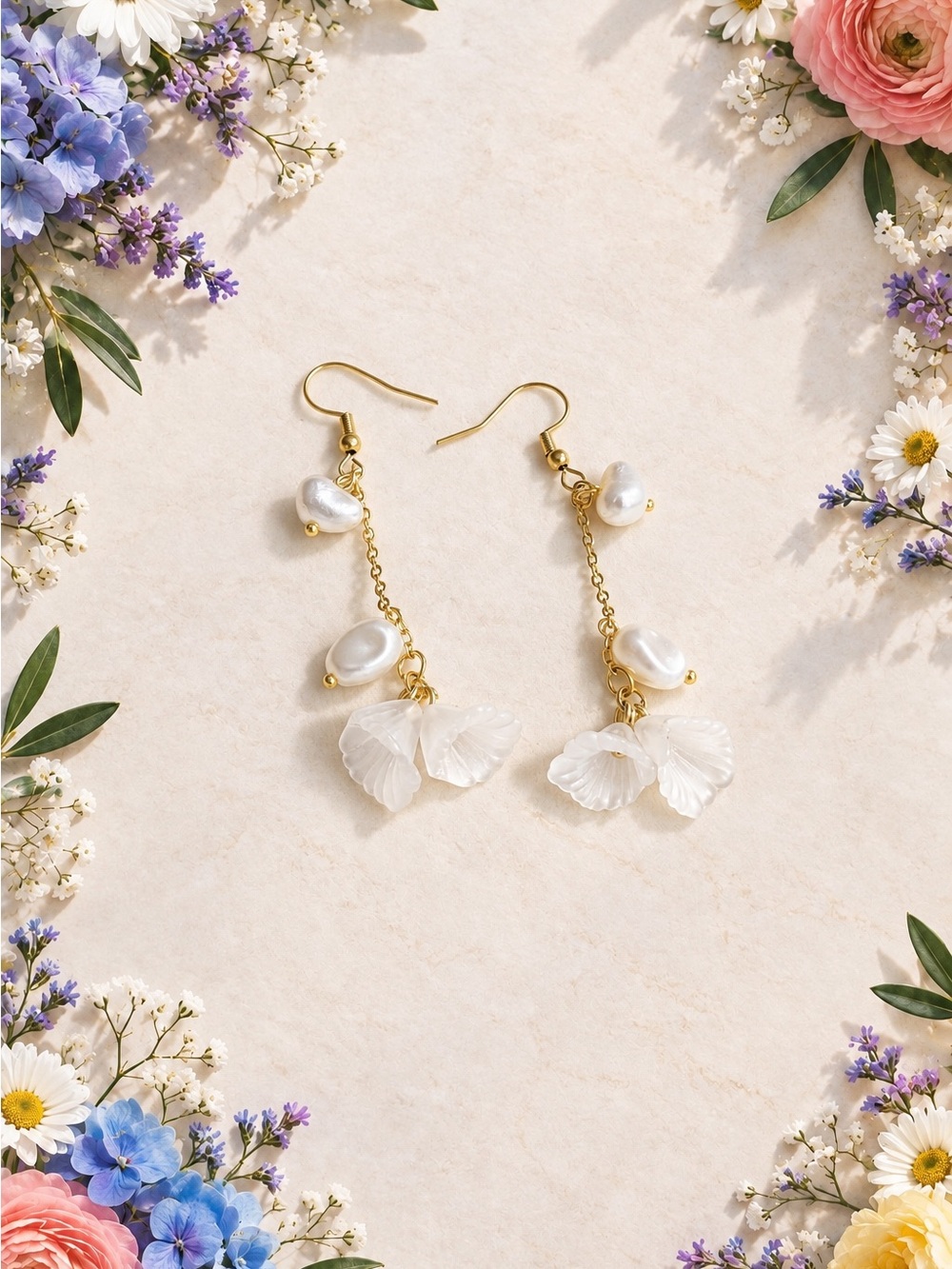 Gold Pearl & White Floral Drop Earrings